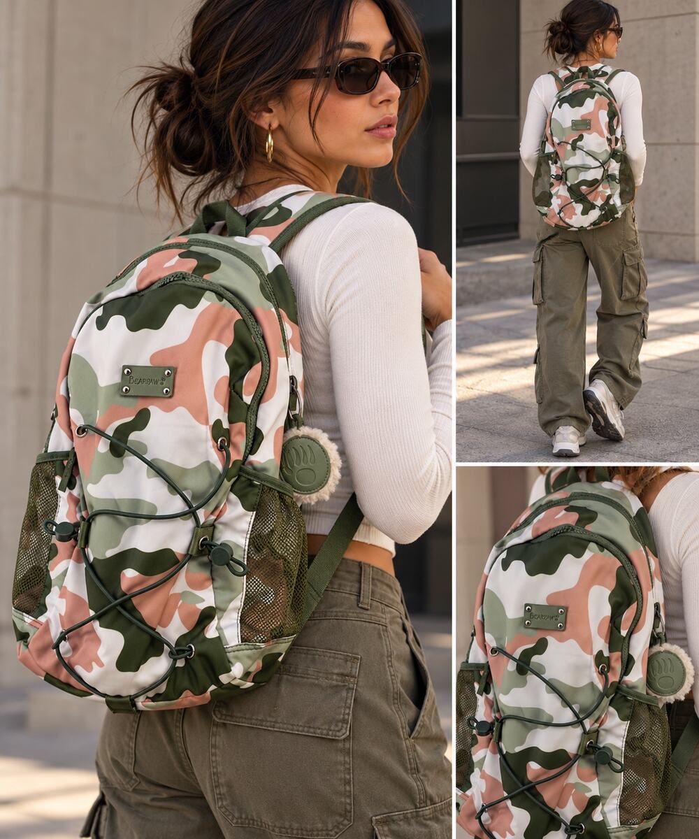 BEARPAW Camo Backpack NWT Green Pink Bungee Cord Outdoor Gorpcore Bag